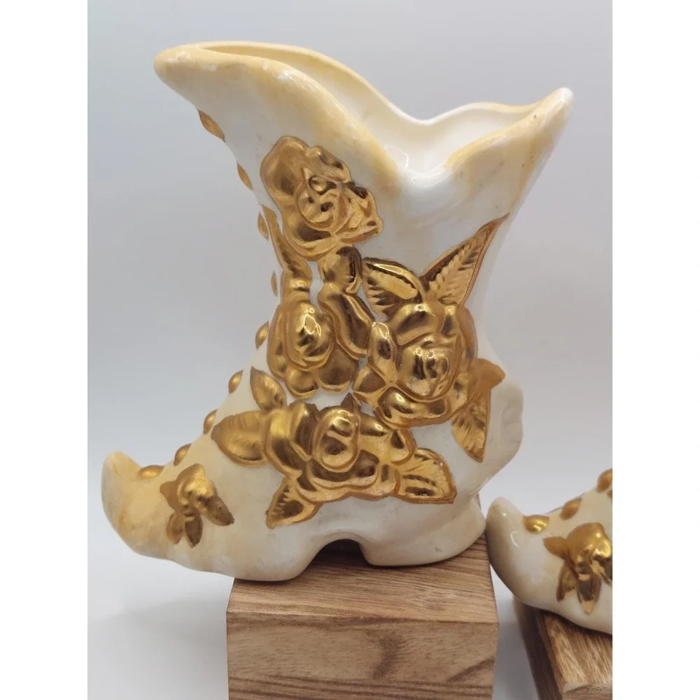Vintage White Gold Ceramic Boot Planter Pair Rose Floral Shabby Chic Victorian